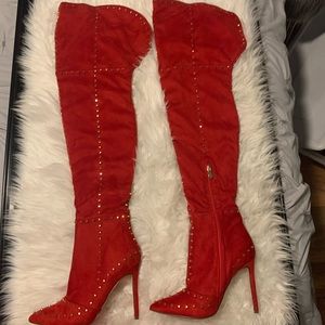 Red Studded Thigh-High Boots Size 10